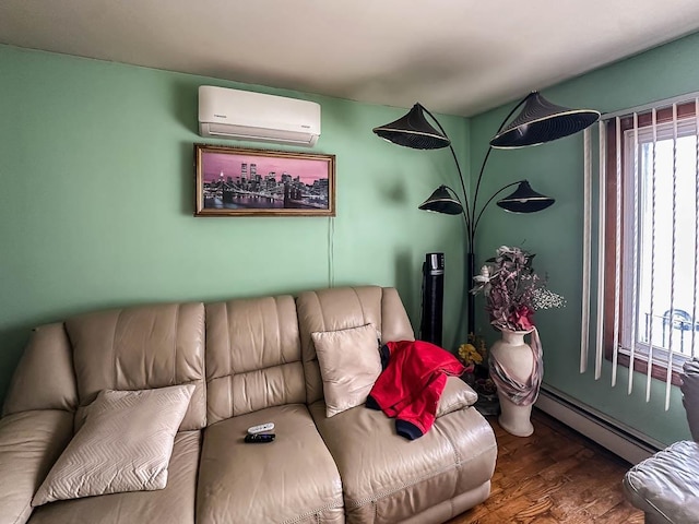 living room with a wall unit AC, a healthy amount of sunlight, a baseboard radiator, and wood finished floors