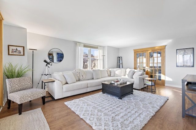 living room featuring light hardwood / wood-style flooring and french doors