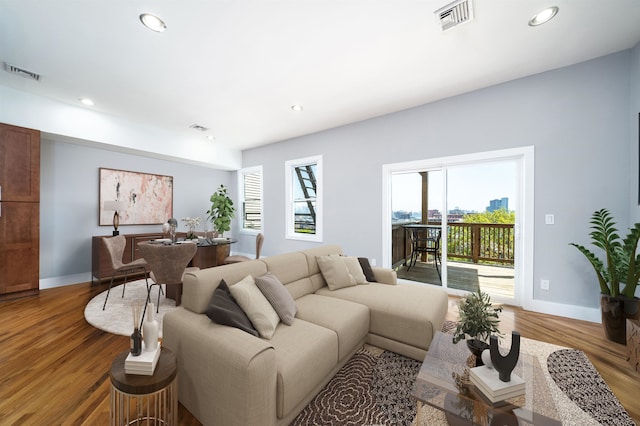 living room featuring light wood-type flooring and a wealth of natural light