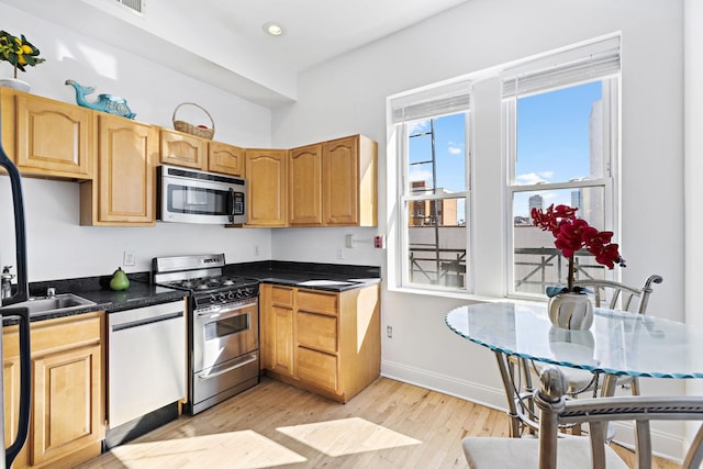 231 Grand St Unit 5R, Hoboken, NJ 07030 - kitchen with stainless steel appliances, light wood finished floors, dark countertops, baseboards, and recessed lighting