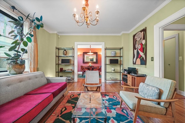 2600 Kennedy Blvd Unit 1H, Jersey City, NJ 07306 - living area with a chandelier, wood finished floors, crown molding, and plenty of natural light