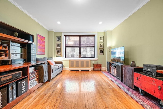 2600 Kennedy Blvd Unit 1H, Jersey City, NJ 07306 - living area featuring radiator, hardwood / wood-style flooring, crown molding, and recessed lighting