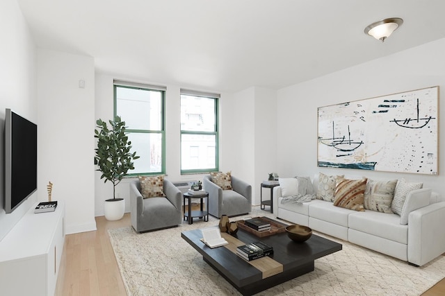 living room with baseboards and light wood-type flooring