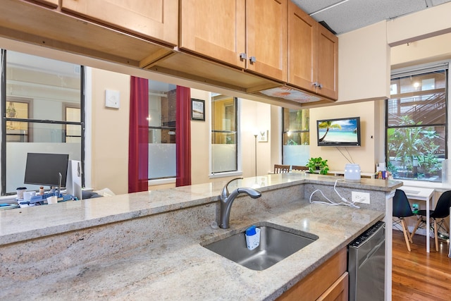 kitchen featuring wood finished floors, a sink, stainless steel dishwasher, a wealth of natural light, and light stone countertops