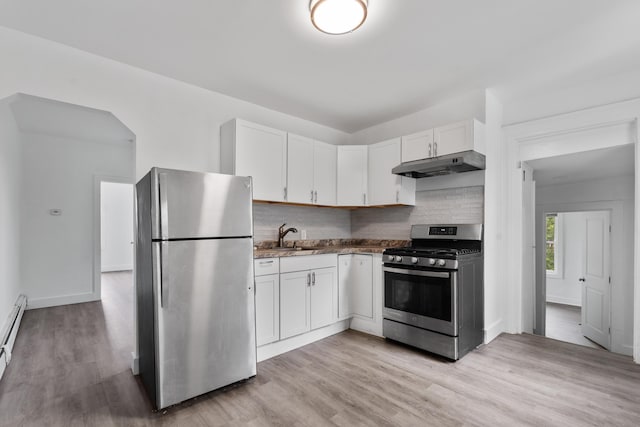 51 Lord Ave, Bayonne, NJ 07002 - kitchen featuring appliances with stainless steel finishes, under cabinet range hood, white cabinets, backsplash, and light wood-style floors