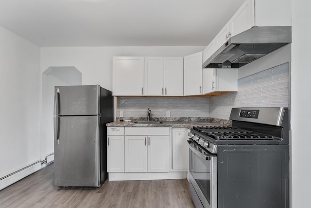 51 Lord Ave, Bayonne, NJ 07002 - kitchen featuring appliances with stainless steel finishes, a baseboard heating unit, light wood-type flooring, white cabinetry, and ventilation hood
