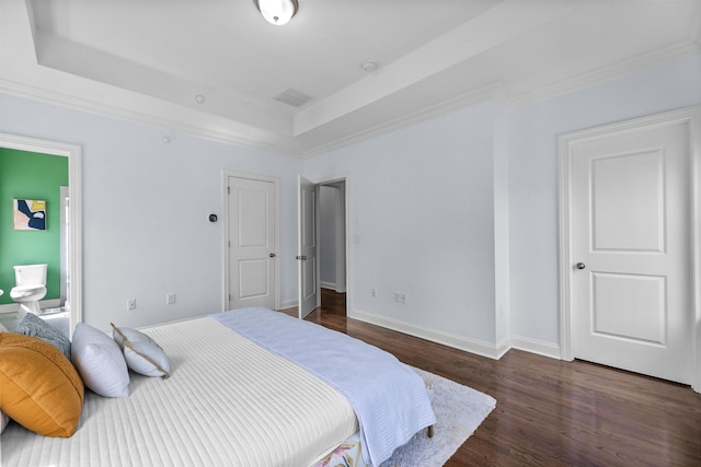 129 Roosevelt Dr, Wood-Ridge, NJ 07075 - bedroom featuring a raised ceiling, wood finished floors, baseboards, crown molding, and connected bathroom