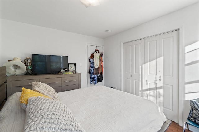 bedroom featuring two closets and hardwood / wood-style flooring