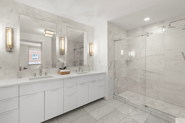 9 Ave At Port Imperial # 524, West New York, NJ 07093 - full bath with a marble finish shower, marble look tiles, double vanity, and recessed lighting