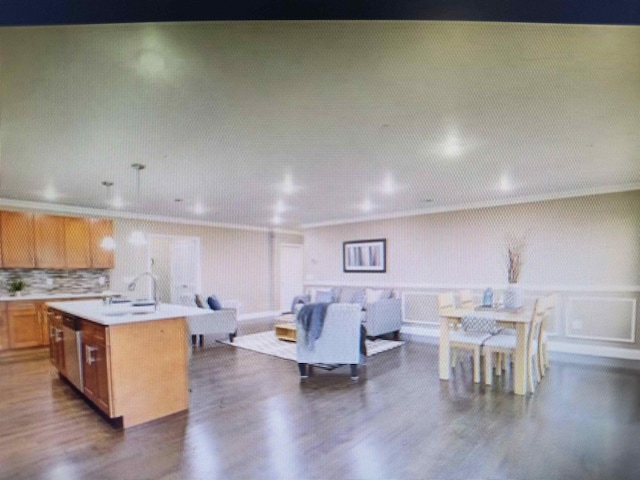 interior space with light countertops, open floor plan, a kitchen island with sink, and dark wood-type flooring