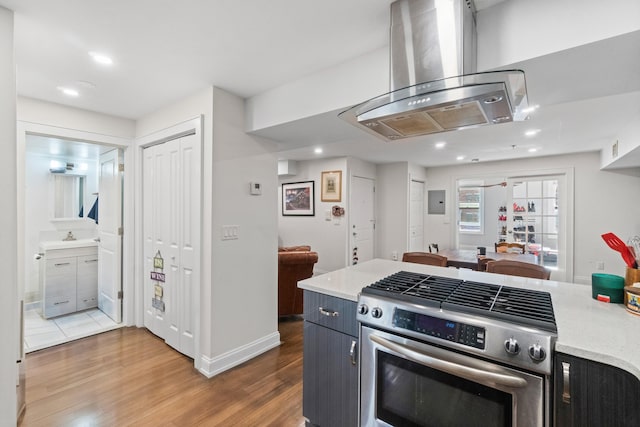 kitchen featuring hardwood / wood-style flooring, island exhaust hood, and gas stove