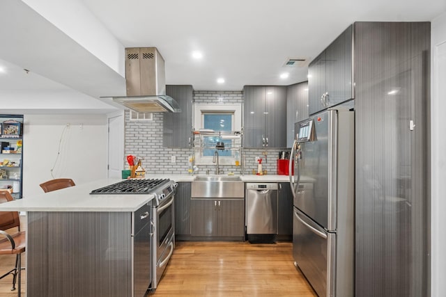 kitchen featuring a breakfast bar, island range hood, stainless steel appliances, light hardwood / wood-style floors, and backsplash