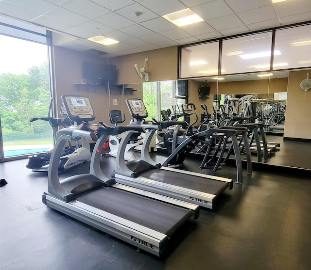 exercise room featuring a drop ceiling