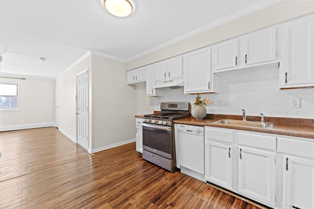 3600 Charles Ct Unit 23, North Bergen, NJ 07047 - kitchen with dishwasher, gas stove, under cabinet range hood, ornamental molding, and white cabinets