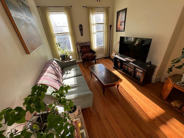 living room with hardwood / wood-style floors and a baseboard radiator