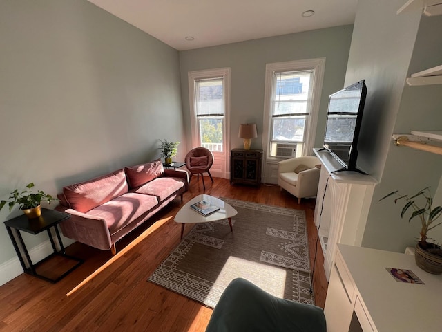 living room featuring cooling unit and hardwood / wood-style flooring