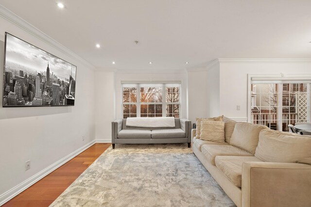 living room featuring hardwood / wood-style flooring and ornamental molding