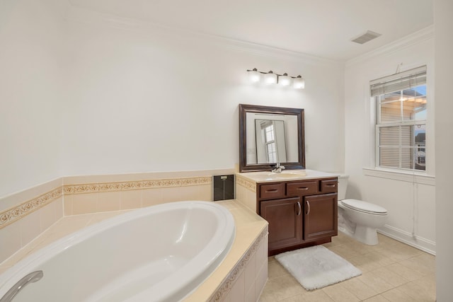 full bath with toilet, a garden tub, visible vents, and ornamental molding