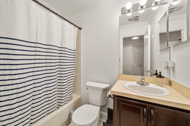 bathroom featuring toilet, ornamental molding, vanity, and visible vents