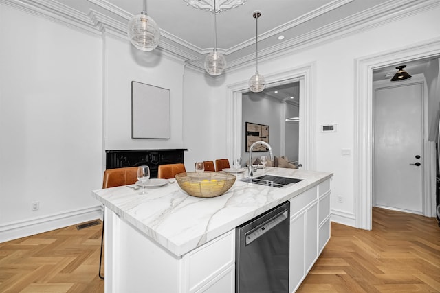 kitchen with sink, dishwasher, white cabinetry, an island with sink, and light parquet flooring