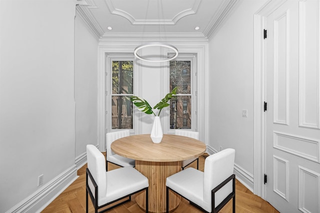 dining area with light parquet floors and crown molding