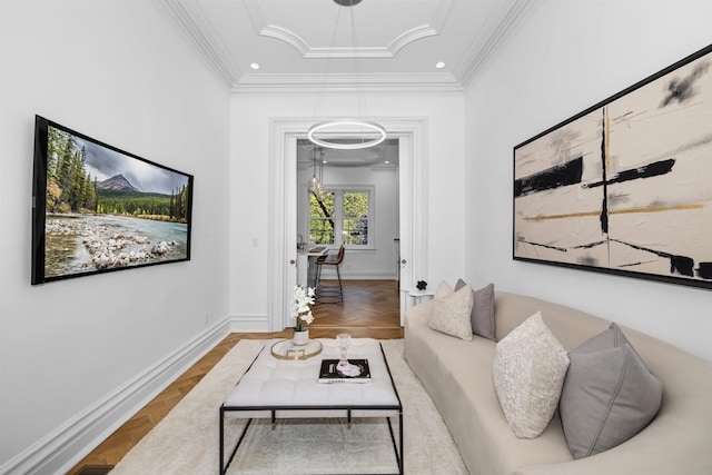 living room with parquet flooring and ornamental molding