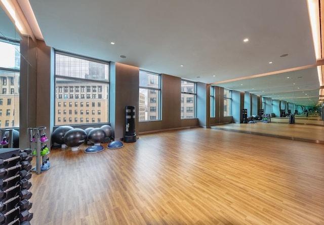 exercise room with floor to ceiling windows and hardwood / wood-style flooring