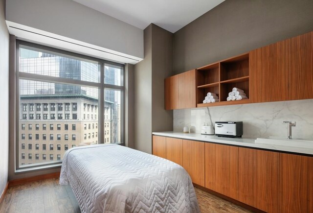 bedroom featuring sink and dark wood-type flooring