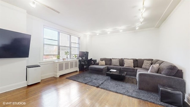 living room featuring hardwood / wood-style flooring, track lighting, and ornamental molding