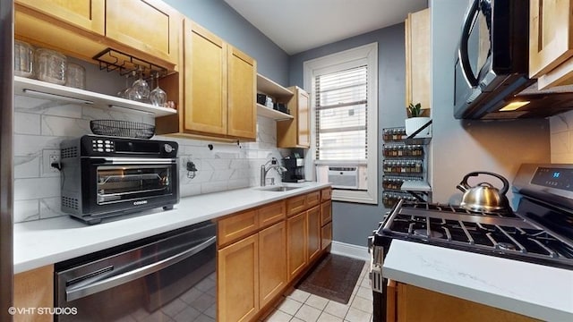 kitchen featuring black appliances, cooling unit, sink, decorative backsplash, and light tile patterned floors