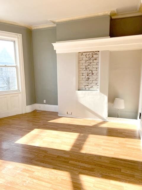 empty room with hardwood / wood-style floors and ornamental molding