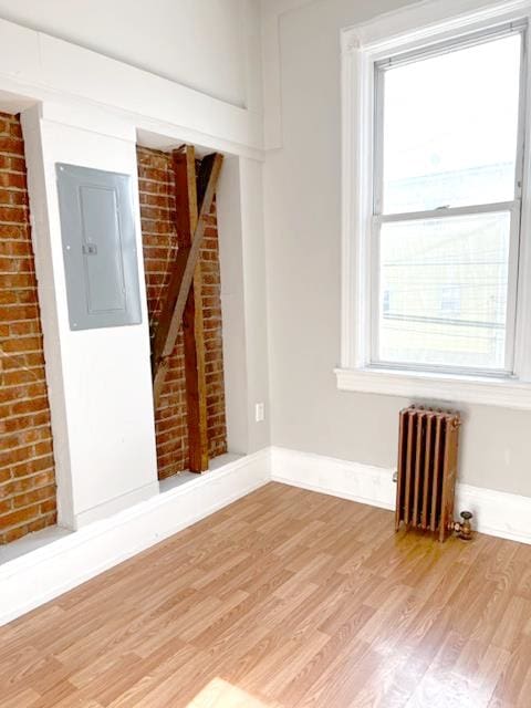 interior space featuring electric panel, radiator heating unit, and light wood-type flooring