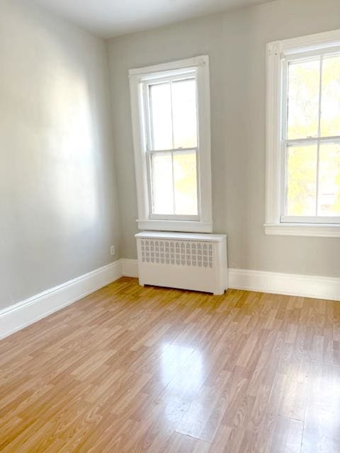 unfurnished room featuring light wood-type flooring, a wealth of natural light, and radiator