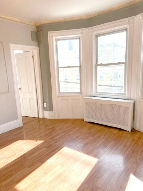 spare room featuring radiator heating unit and light hardwood / wood-style floors