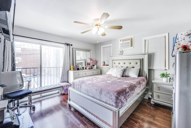 bedroom featuring a wall unit AC, ceiling fan, and dark hardwood / wood-style floors