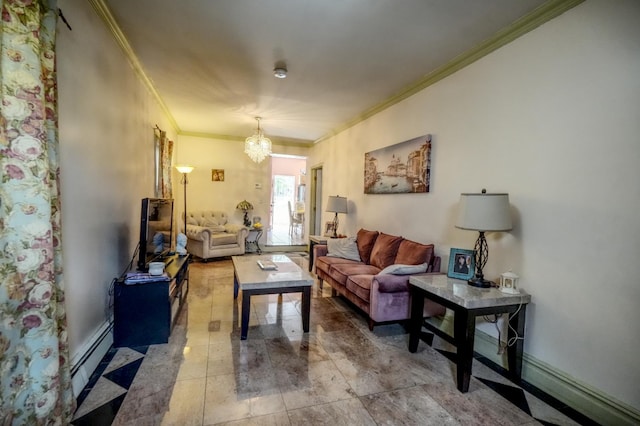 7502 Cottage Ave, North Bergen, NJ 07047 - living area with crown molding, a chandelier, and baseboard heating