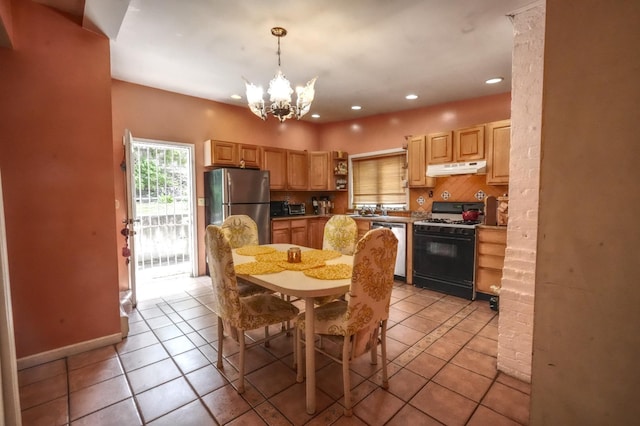 7502 Cottage Ave, North Bergen, NJ 07047 - dining space with a chandelier, light tile patterned flooring, recessed lighting, and baseboards