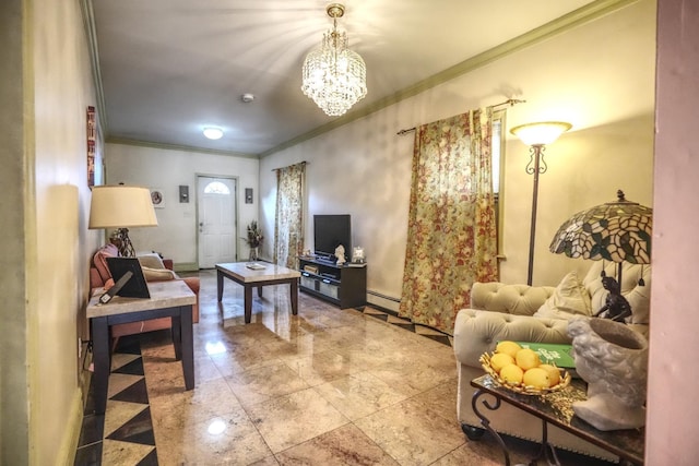 7502 Cottage Ave, North Bergen, NJ 07047 - living area featuring a baseboard heating unit, crown molding, a chandelier, and baseboards