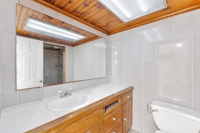 82 E 24th St, Bayonne, NJ 07002 - bathroom featuring vanity, wood ceiling, toilet, backsplash, and tile walls