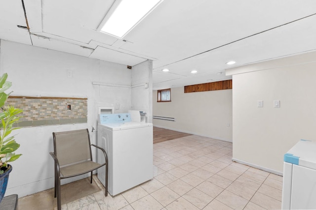 82 E 24th St, Bayonne, NJ 07002 - laundry room featuring washer / dryer, recessed lighting, a baseboard heating unit, light tile patterned flooring, and baseboards