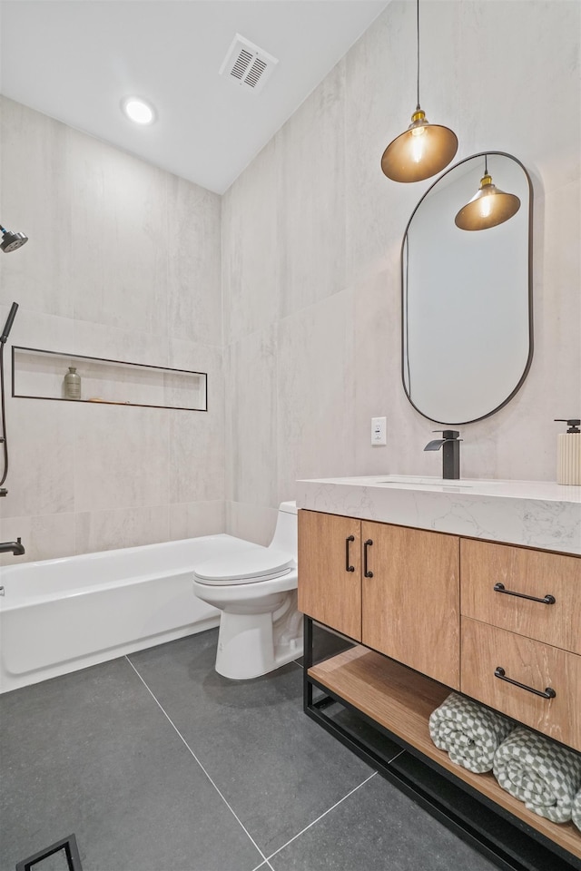 bathroom featuring toilet, visible vents,  shower combination, and vanity