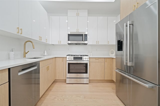 kitchen featuring a sink, light countertops, light wood-style floors, appliances with stainless steel finishes, and white cabinetry