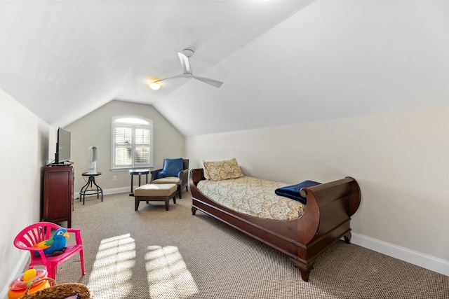 bedroom featuring baseboards, lofted ceiling, carpet flooring, and ceiling fan