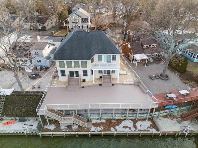 aerial view featuring a water view