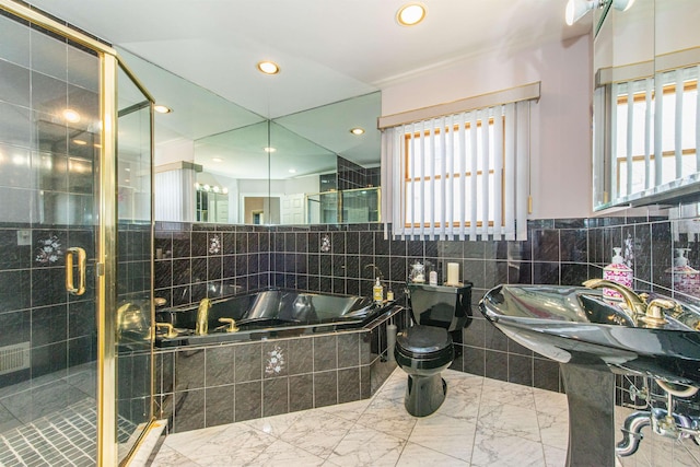 20 Bryant Ave, Bloomfield, NJ 07003 - bathroom with tile walls, a stall shower, marble tiled flooring, and recessed lighting