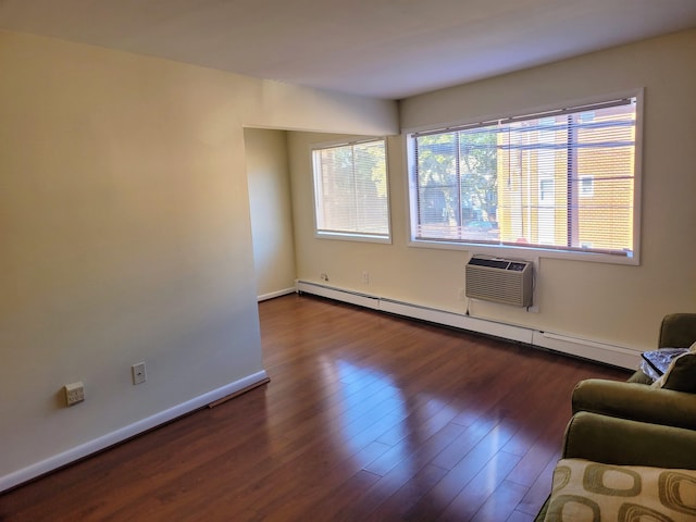 unfurnished living room featuring dark wood-type flooring, a wall mounted air conditioner, and a baseboard radiator