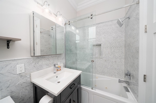 249 Grove St Unit 1, Jersey City, NJ 07302 - full bath with vanity, a combined bath / shower with jetted tub, crown molding, and tile walls