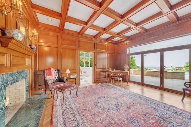 sitting room with a premium fireplace, beamed ceiling, wooden walls, and coffered ceiling