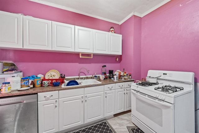 kitchen featuring sink, crown molding, white cabinets, white range with gas cooktop, and stainless steel dishwasher