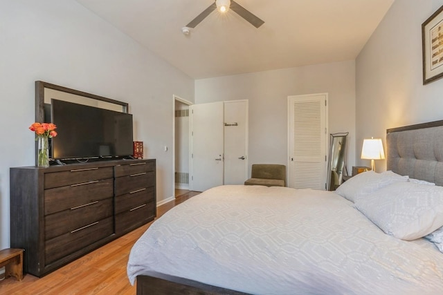 bedroom featuring ceiling fan and light wood-style flooring